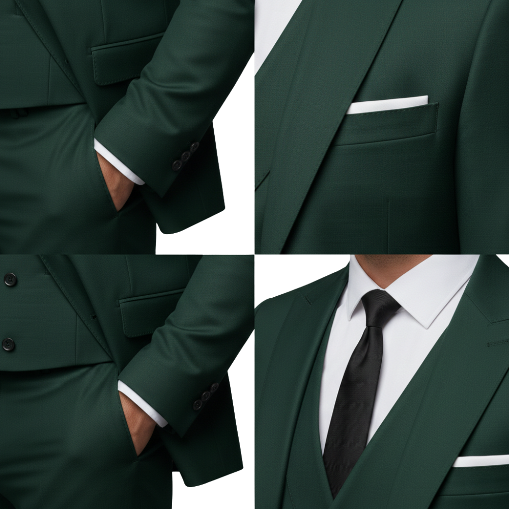 Cztery zbliżenia osoby w garniturze Garnitur Trzyczęściowy Męski Marynarka Kamizelka I Spodnie marki Arkadya Outlet: ciemnozielony zestaw, biała koszula, czarny krawat; detale rękawa, kieszeni z poszetką i kołnierzyka.