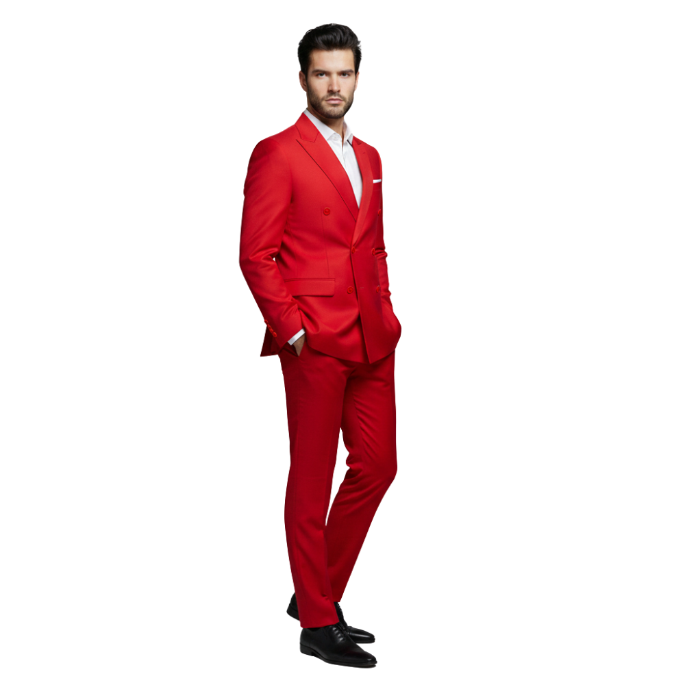 Mężczyzna stoi z rękami w kieszeniach, ubrany w koszulkę Arkadya Outlet Komplet Garniturowy Męski Dwurzędowy Luźny Krój w kolorze jaskrawoczerwonym, w połączeniu z białą koszulą i czarnymi butami, na białym tle.