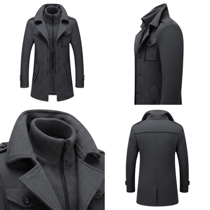 Płaszcz męski odzież wierzchnia długi rękaw jesień zima w kolorze ciemnoszarym od Arkadya Outlet jest pokazany pod każdym kątem, podkreślając zapinaną na zamek warstwę wewnętrzną i zapinane na guziki ramiona - idealne na jesień i zimę.