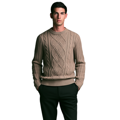 Mężczyzna o neutralnym wyrazie twarzy stoi na białym tle ubrany w Arkadya Outlet Sweter męski dekolt okrągły warkoczowy standardowy krój całoroczny, w połączeniu z czarnymi spodniami i butami, z rękami w kieszeniach.