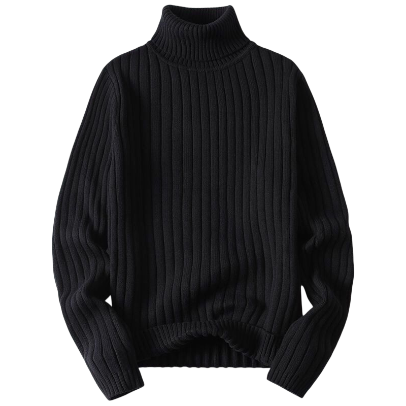 Arkadya Outlet Golf męski długi rękaw sweter dzianinowy w kolorze czarnym, z prążkowaną dzianiną i długimi rękawami, układa się płasko na białym tle.