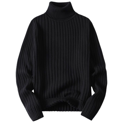 Arkadya Outlet Golf męski długi rękaw sweter dzianinowy w kolorze czarnym, z prążkowaną dzianiną i długimi rękawami, układa się płasko na białym tle.