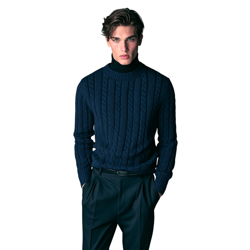 Młody mężczyzna nosi Arkadya Outlet Sweter męski dzianinowy dekolt okrągły długi rękaw regularny krój z ciemnymi spodniami, stoi na białym tle, ręce w kieszeniach, patrzy w kamerę z neutralnym wyrazem twarzy.