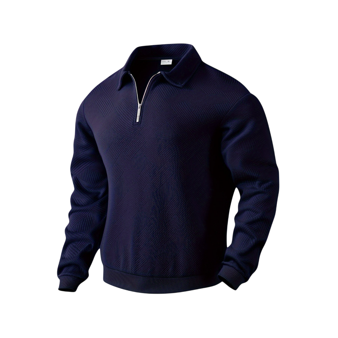 Męski sweter z dzianiny w kolorze granatowym, z kołnierzem i zamkiem 1/4, długi rękaw, elegancki wzór strukturalny