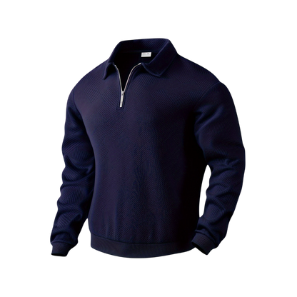 Męski sweter z dzianiny w kolorze granatowym, z kołnierzem i zamkiem 1/4, długi rękaw, elegancki wzór strukturalny