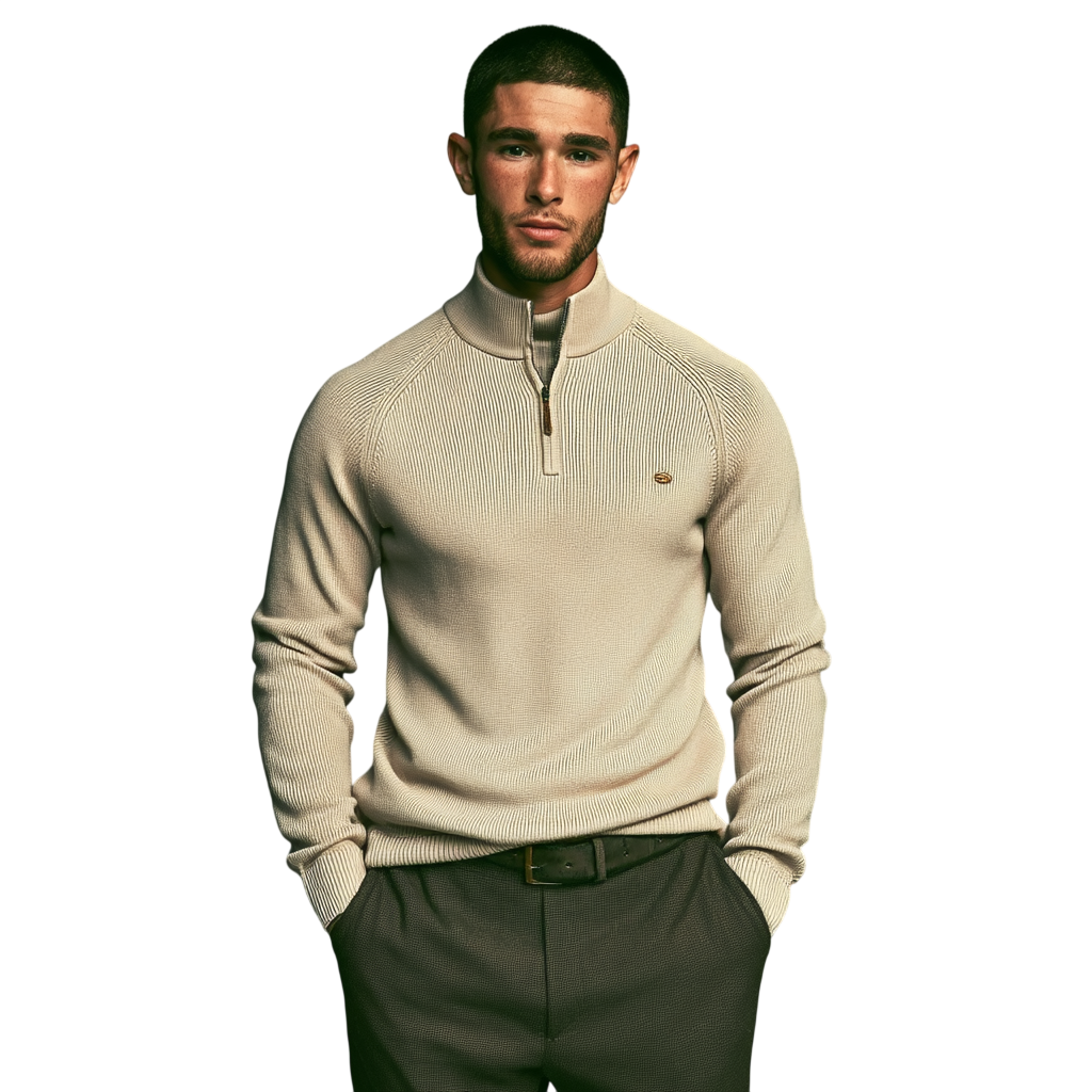 Męski sweter z półzamkiem, kolor beżowy; widok z przodu na modelu.