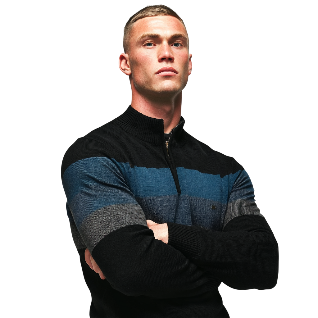 Czarny męski sweter dzianinowy z zamkiem 1/4 i stójką, kontrastowe paski w kolorze niebieskim i szarym