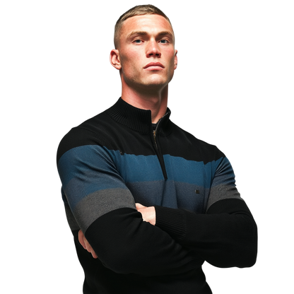 Czarny męski sweter dzianinowy z zamkiem 1/4 i stójką, kontrastowe paski w kolorze niebieskim i szarym