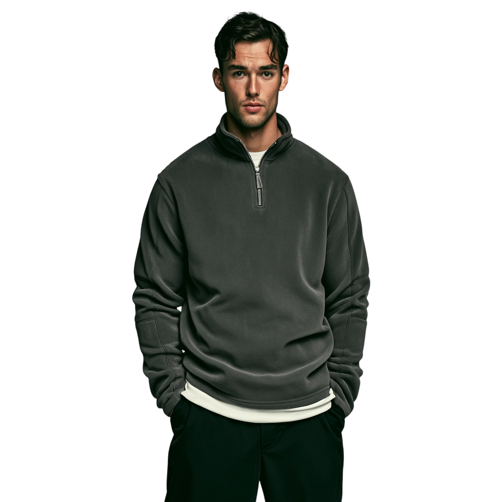 Antracytowy męski sweter polarowy z zamkiem 1/4 i stójką, gładka struktura, długi rękaw, casualowy styl