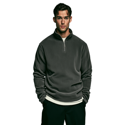 Antracytowy męski sweter polarowy z zamkiem 1/4 i stójką, gładka struktura, długi rękaw, casualowy styl