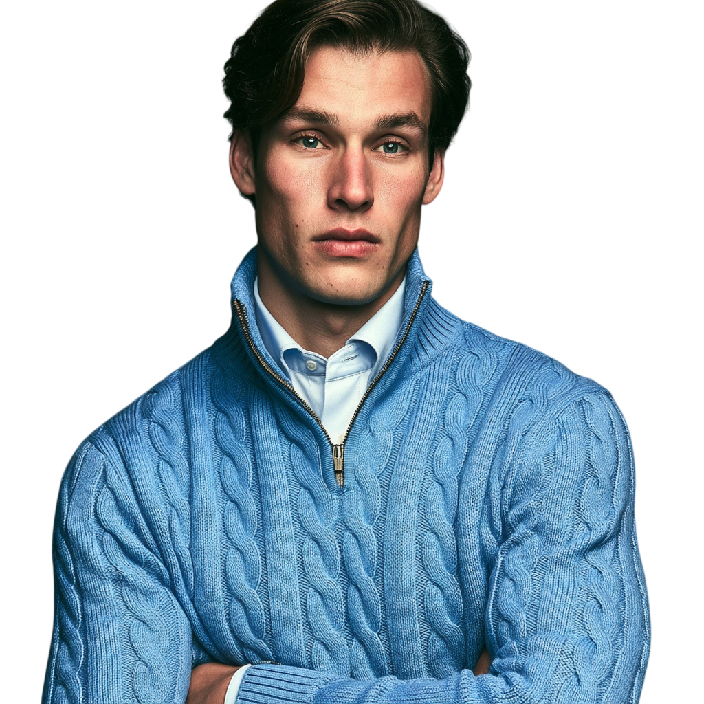 Niebieski męski sweter z miękkiej dzianiny warkoczowej, stójka z zamkiem 1/4, wygodny fason na co dzień