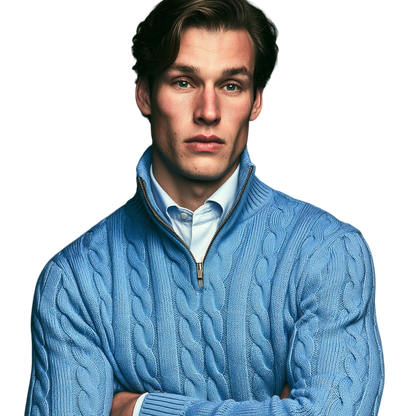 Niebieski męski sweter z miękkiej dzianiny warkoczowej, stójka z zamkiem 1/4, wygodny fason na co dzień