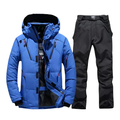 Dwuczęściowy komplet narciarski męski: kurtka i spodnie w kolorze niebieskim.