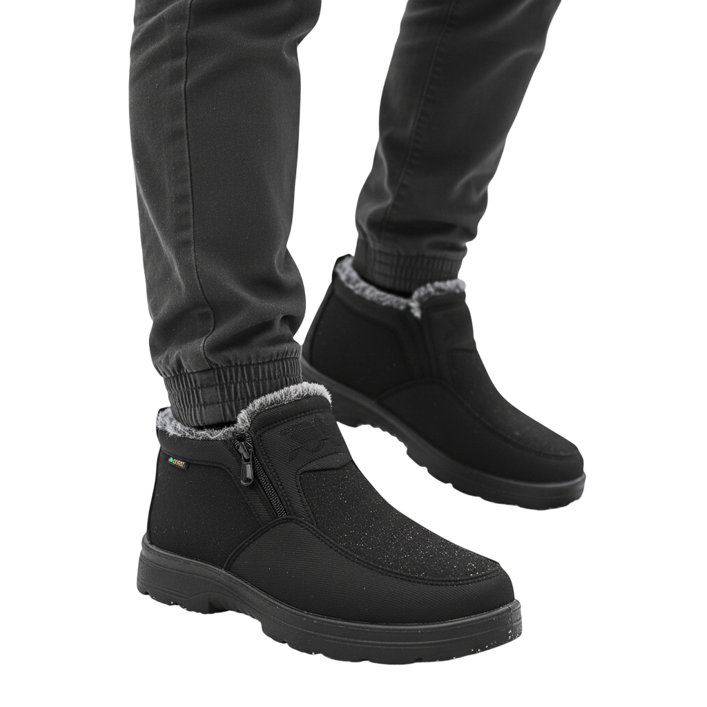 Osoba w ciemnych spodniach stoi na zaśnieżonej ziemi w lesie, ubrana w Arkadya Outlet Męskie buty wodoodporne antypoślizgowe zimowe obuwie; w tle widoczne ośnieżone drzewa.