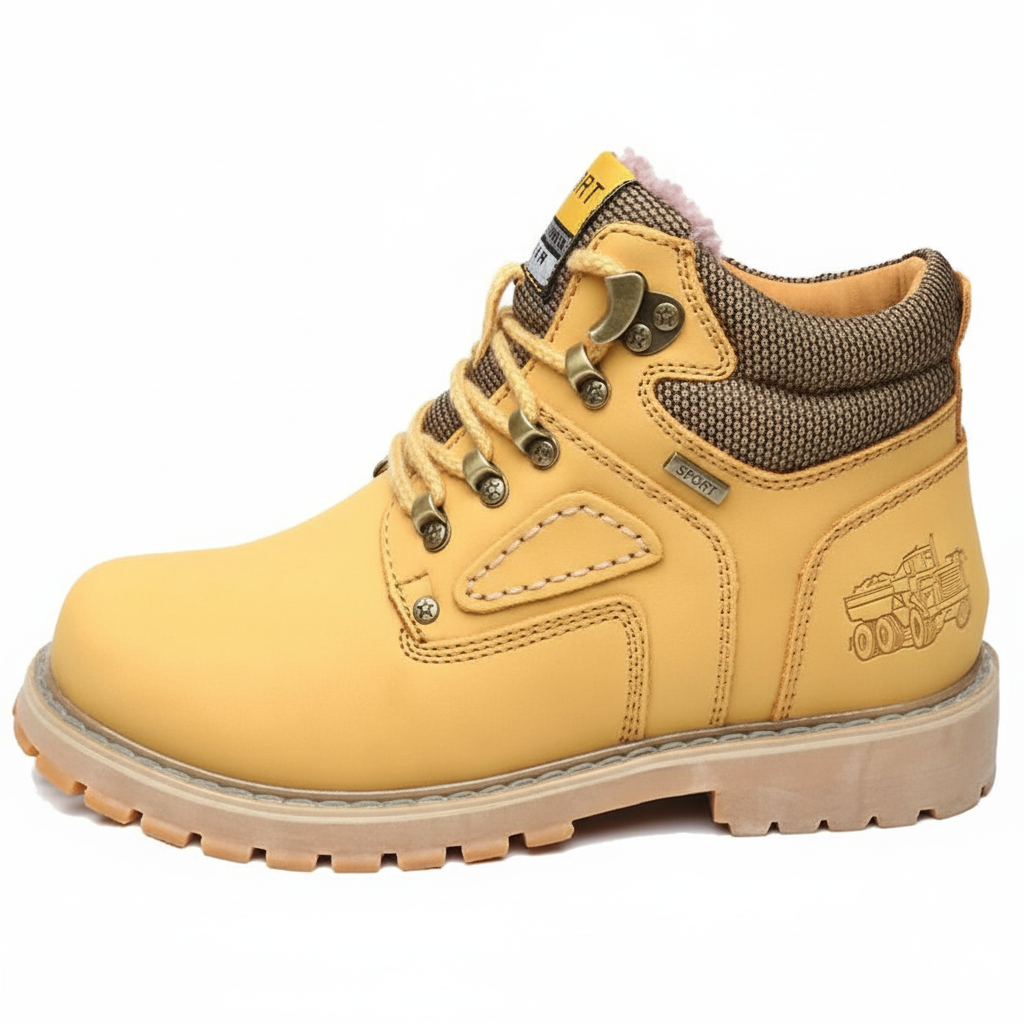 Arkadya Outlet Męskie buty zimowe wodoodporne ocieplane obuwie na chłodne dni mają żółtą cholewkę, brązowe akcenty, metalowe oczka, wytrzymałą podeszwę i kreskówkową ciężarówkę na pięcie - idealne do suchego, stylowego noszenia zimą.