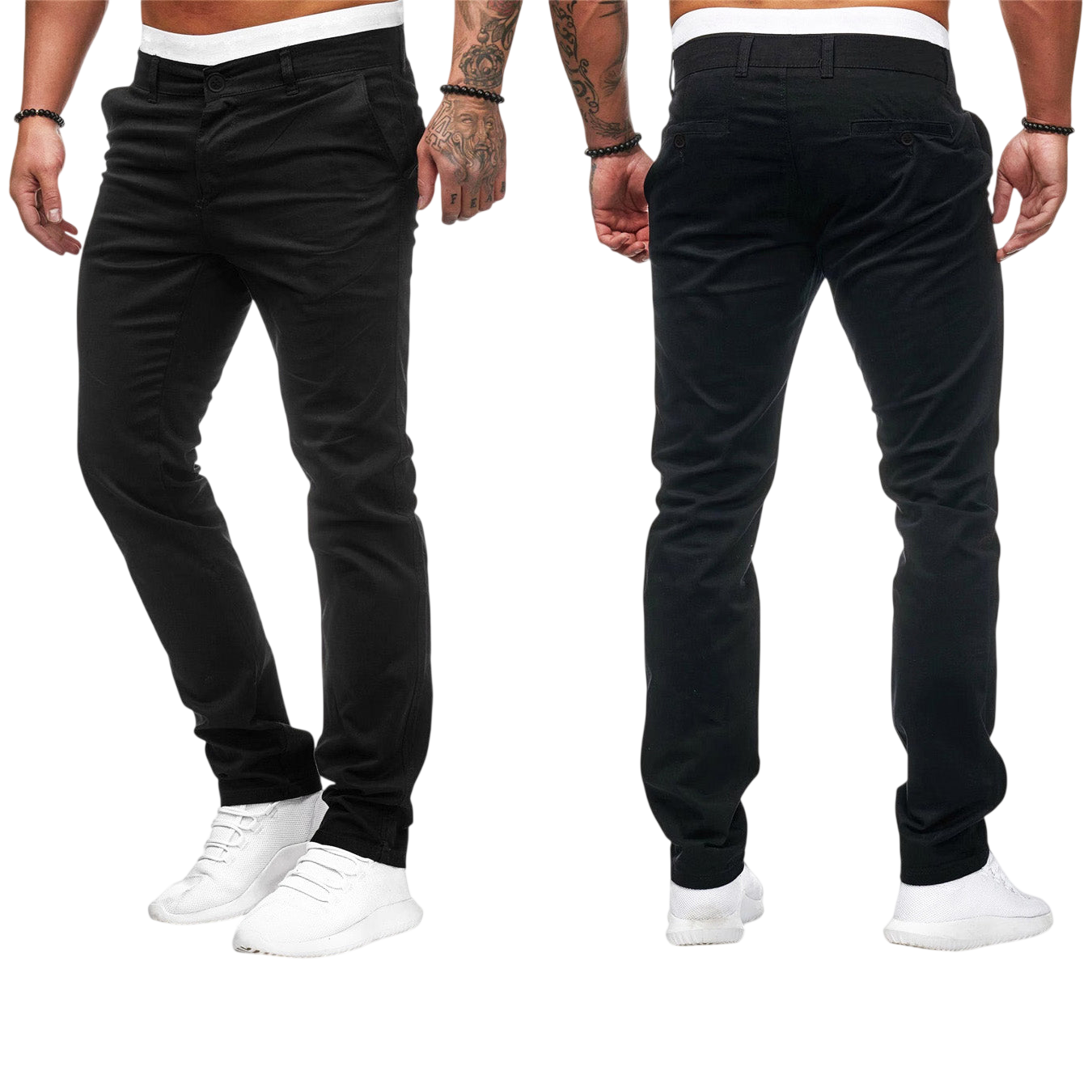 Dwa widoki mężczyzny ubranego w Arkadya Outlet Męskie spodnie (dopasowany krój, prosta nogawka), pokazane z przodu i z tyłu na jasnoszarym tle. Jest bez koszulki i ma tatuaże na jednym ramieniu, w połączeniu z białymi trampkami.