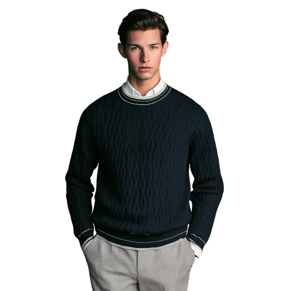 Młody mężczyzna o ciemnych włosach nosi lamówkę Arkadya Outlet Sweter męski dekolt okrągły kontrastowa lamówka na białej koszuli z kołnierzykiem i jasnych spodniach, stojąc z rękami w kieszeniach na prostym białym tle.