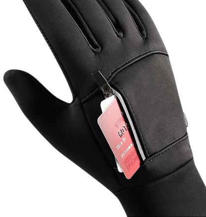 Czarne rękawice Arkadya Outlet z małą kieszonką na zamek z tyłu, mieszczącą czerwoną kartę. Tekst powyżej brzmi HANDIG RITSVAKJE, podkreślając poręczne przechowywanie - idealne dla Rękawice termiczne męskie wodoodporny uchwyt na chłód plenerowy.