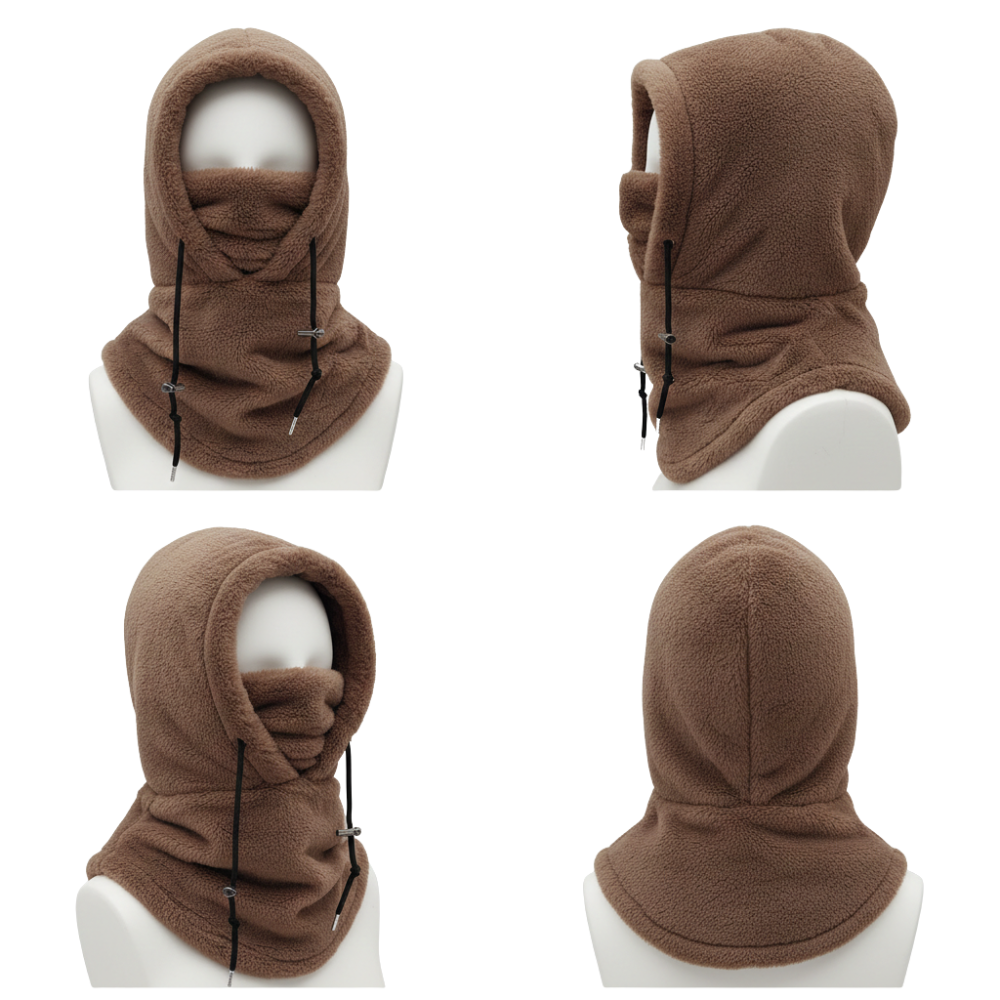 Cztery widoki Arkadya Outlet Maska na twarz męska zimowa osłona twarzy i szyi z kapturem, pokazane na białym manekinie: przód, bok, trzy czwarte i tył.