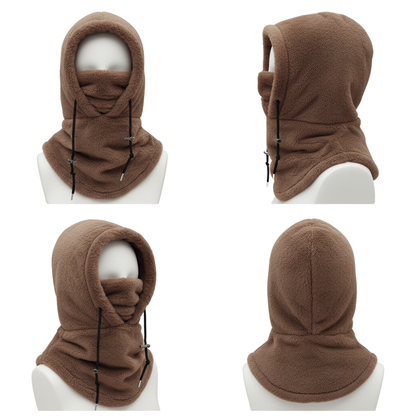 Cztery widoki Arkadya Outlet Maska na twarz męska zimowa osłona twarzy i szyi z kapturem, pokazane na białym manekinie: przód, bok, trzy czwarte i tył.