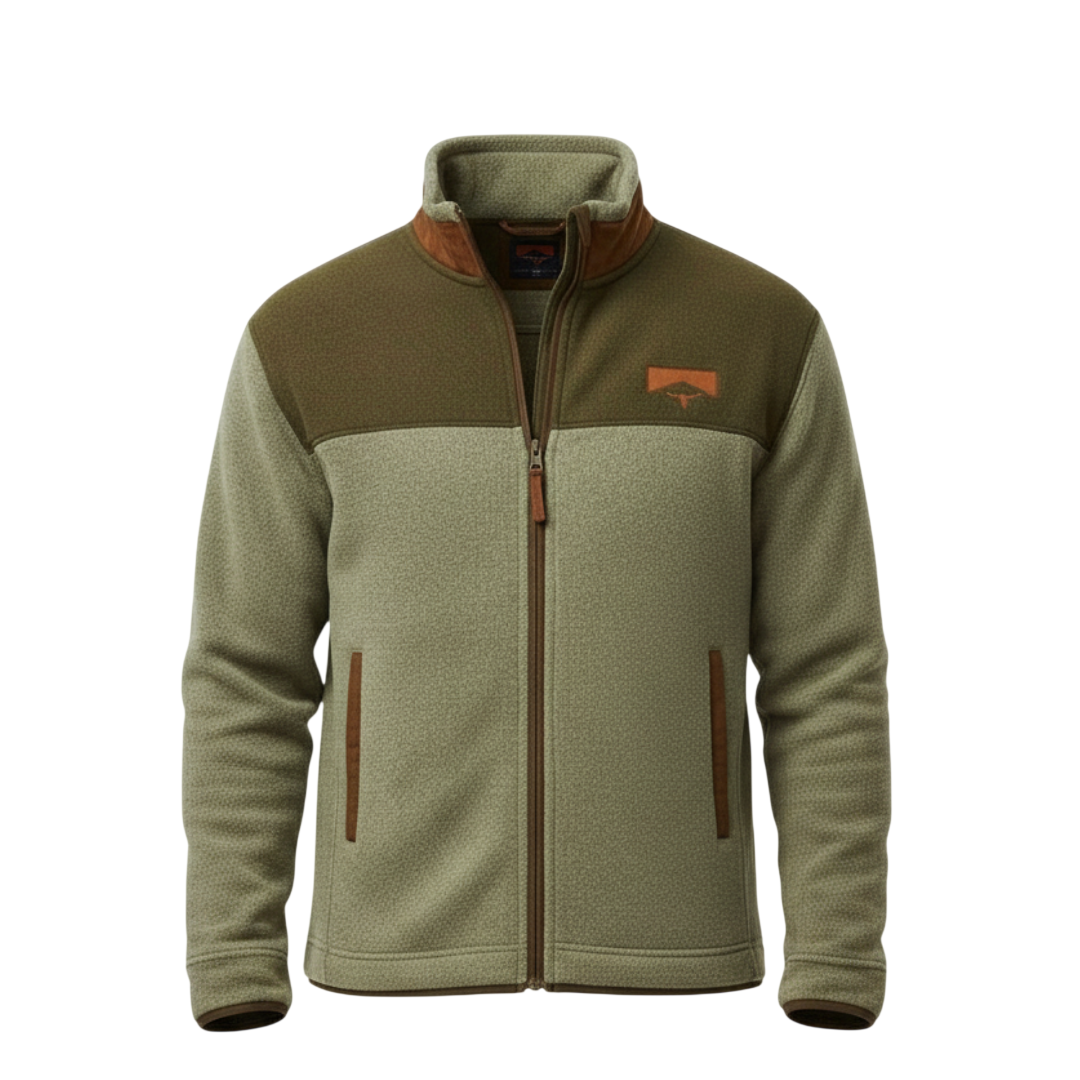 Arkadya Outlet Kurtka Męska Prosty Krój Lekka Odzież Wierzchnia Z Długim Rękawem to zapinana na zamek kurtka w kolorze jasnej oliwki z ciemniejszymi zielonymi panelami na ramionach, brązowymi wykończeniami, wysokim kołnierzem, przednimi kieszeniami i małą brązową naszywką z logo na lewej piersi.