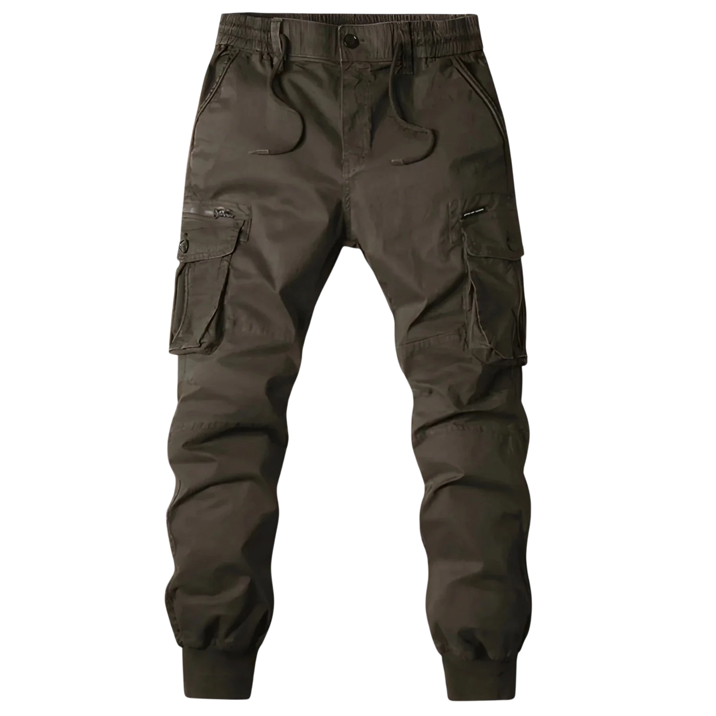 Arkadya Outlet Spodnie Cargo Męskie Kieszenie Na Zamek, z elastycznym paskiem w talii i wieloma kieszeniami na suwak, są pokazane w kolorze oliwkowym na rozmytym tle miasta.