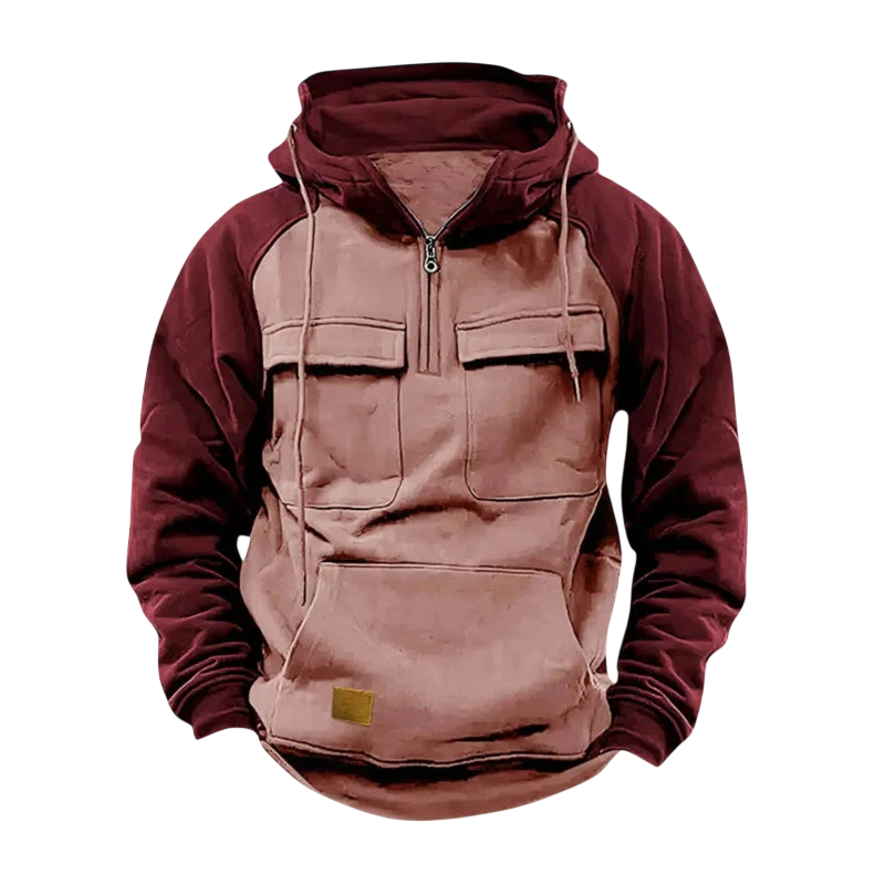 Męska Bluza od Arkadia Outlet to dwukolorowa bluza z bordowymi rękawami i kapturem, jasnobeżowym korpusem, zamkiem błyskawicznym z przodu, zapinanymi na zamek kieszeniami na piersi, przednią kieszenią i małą brązową naszywką na dole z przodu.