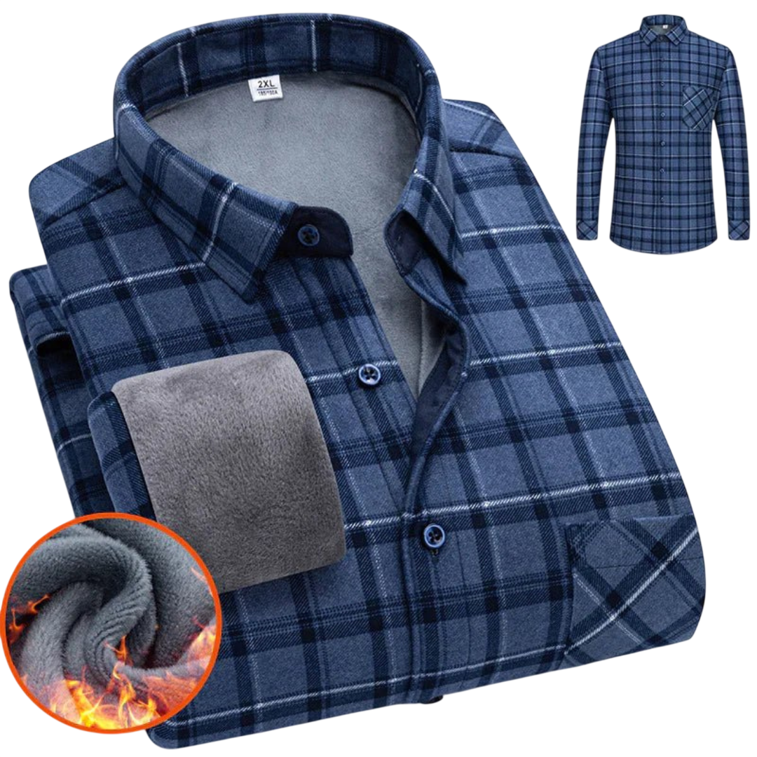 Arkadya Outlet koszula męska zapinana na guziki długi rękaw krój luźny posiada fałdowany wzór w niebieską kratę, miękką podszewkę z szarego polaru, kieszeń na piersi i jest idealna jako koszula na co dzień.