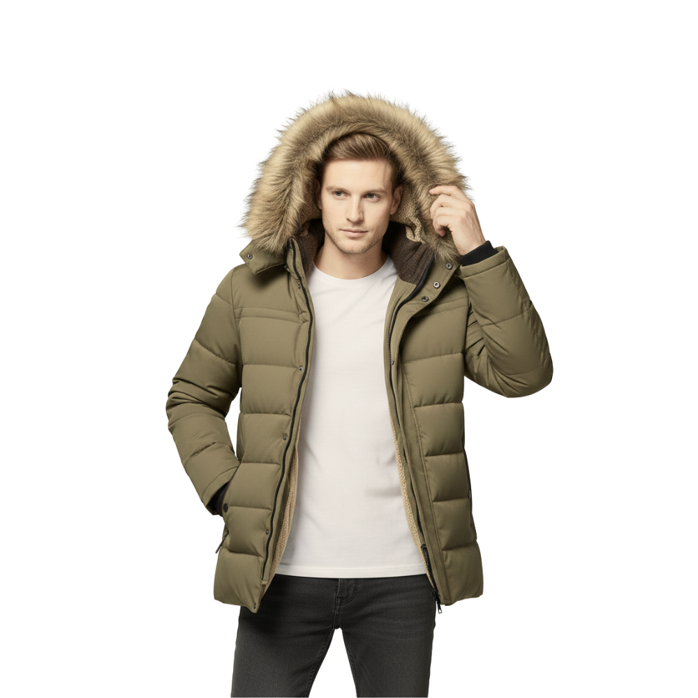 Mężczyzna stoi przodem do białego tła, ubrany w kurtkę męską ocieplaną zimową z kapturem Arkadya Outlet w kolorze jasnej oliwki, połączoną z białym t-shirtem i ciemnymi jeansami.