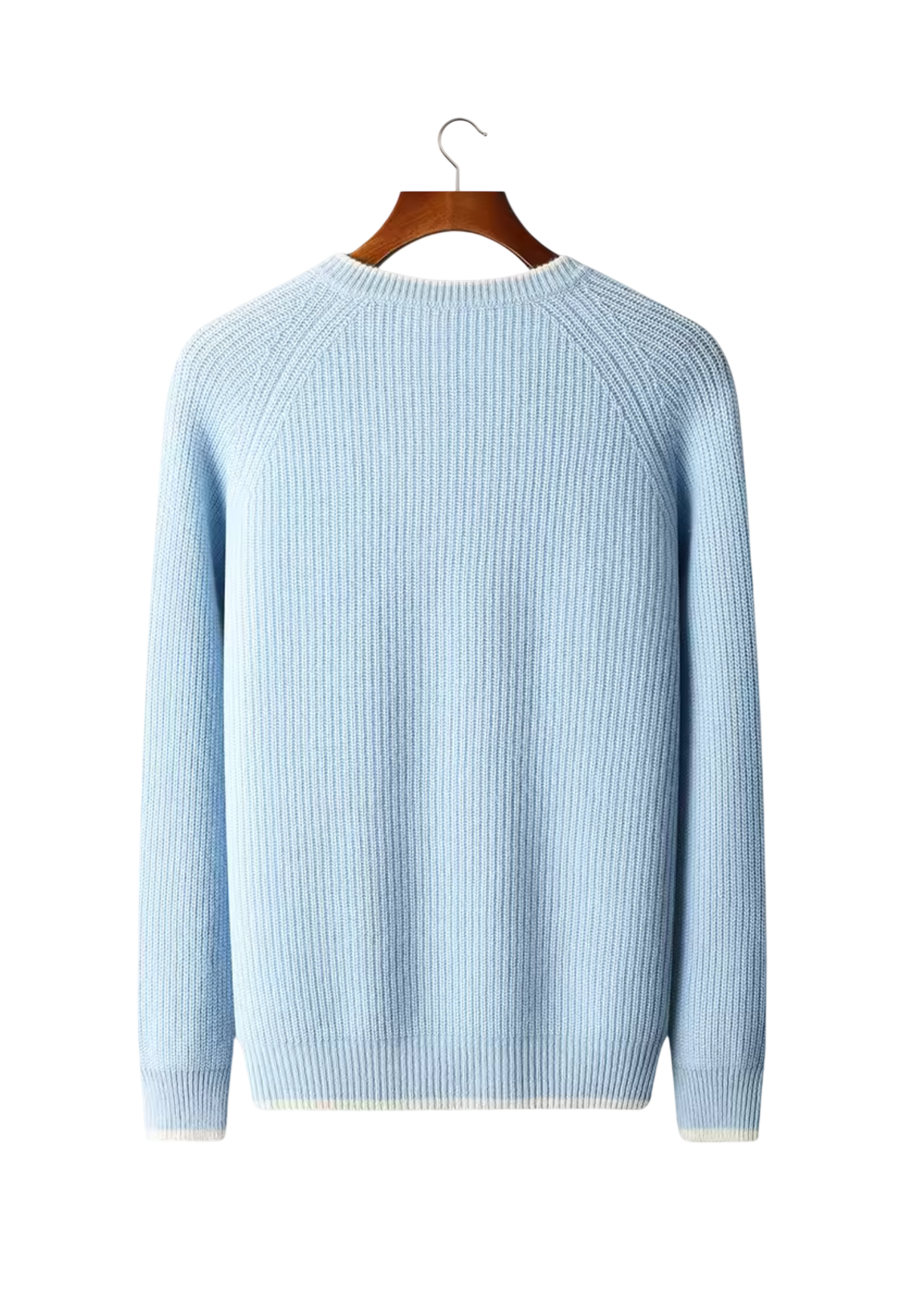 Arkadya Outlet Sweter męski dekolt okrągły prążkowana dzianina standardowy krój w kolorze jasnoniebieskim jest prezentowany od tyłu na drewnianym wieszaku, podkreślając jego prążkowaną fakturę i proste mankiety na białym tle.