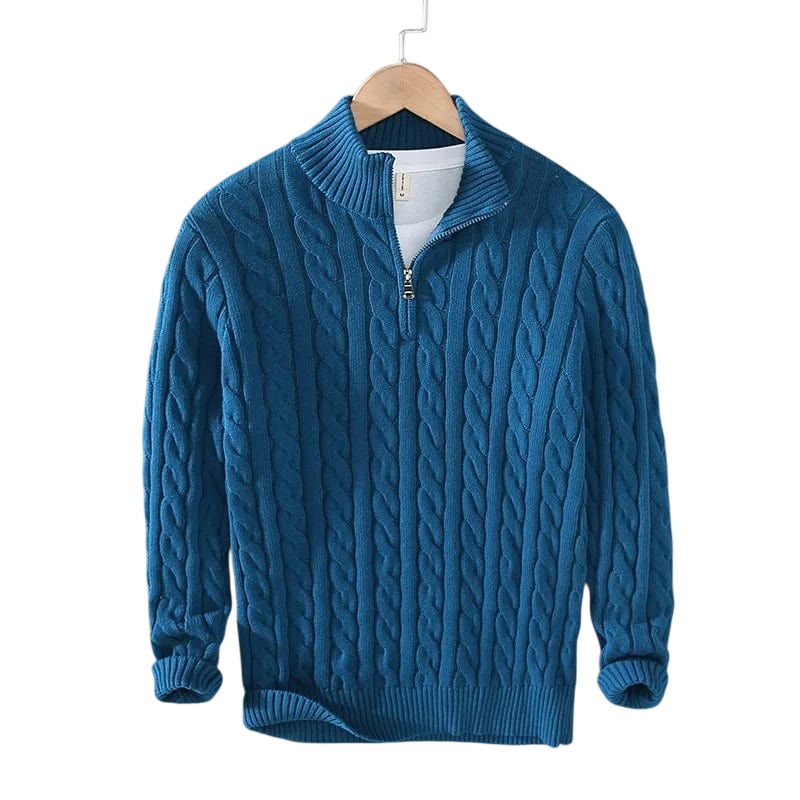 Niebieski męski sweter z miękkiej dzianiny warkoczowej, kołnierz z zamkiem 1/4, wygodny fason na co dzień