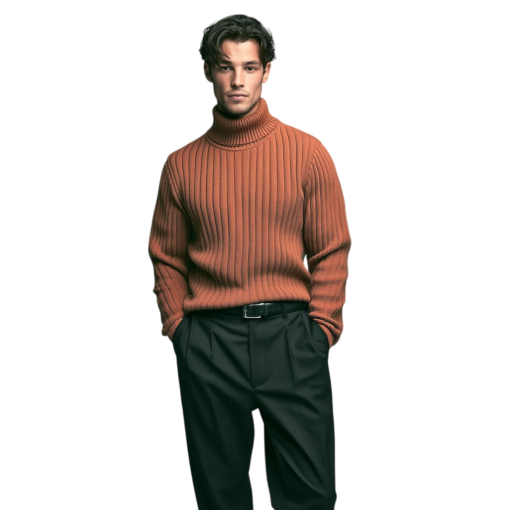 Mężczyzna stoi z rękami w kieszeniach, ubrany w męski rękaw sweter dzianinowy Arkadya Outlet Golf w pomarańczowo-czarne prążkowane spodnie, na białym tle.