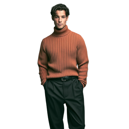 Mężczyzna stoi z rękami w kieszeniach, ubrany w męski rękaw sweter dzianinowy Arkadya Outlet Golf w pomarańczowo-czarne prążkowane spodnie, na białym tle.