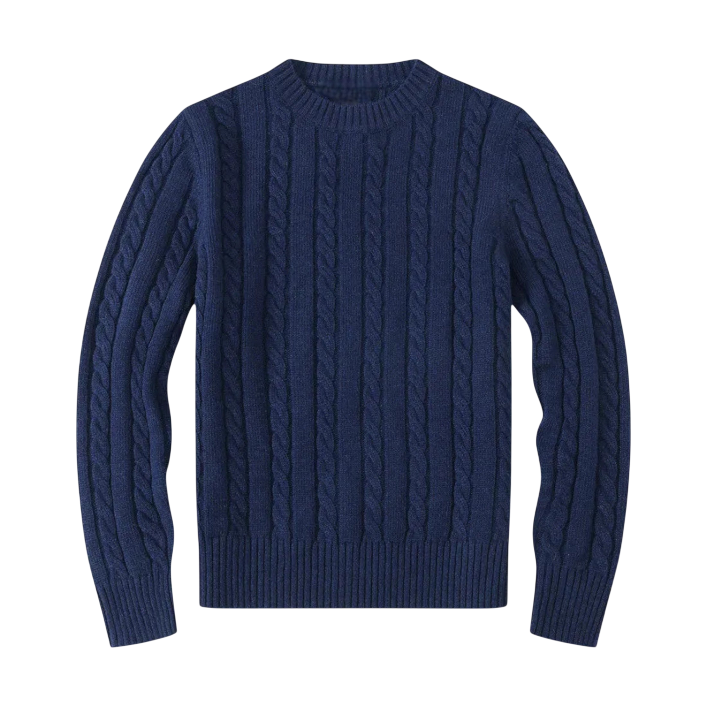 Męski dzianinowy sweter Arkadya Outlet ma granatowy kolor, regularny krój, długie rękawy, okrągły dekolt oraz prążkowane mankiety i dół; pokazany na płasko na białym tle.