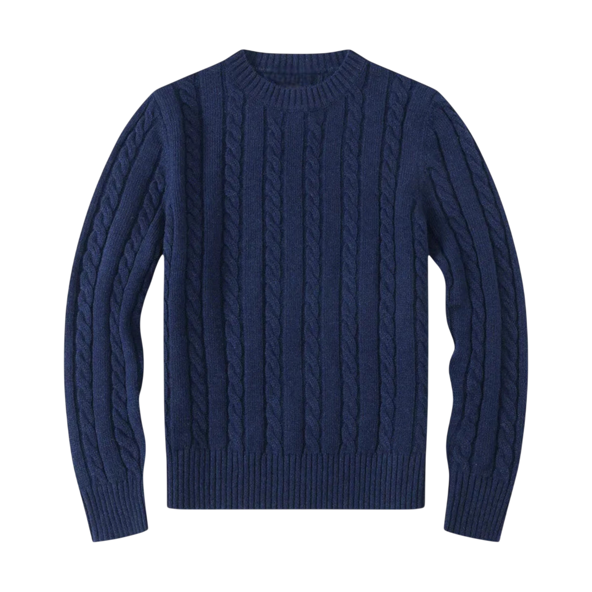 Męski dzianinowy sweter Arkadya Outlet ma granatowy kolor, regularny krój, długie rękawy, okrągły dekolt oraz prążkowane mankiety i dół; pokazany na płasko na białym tle.