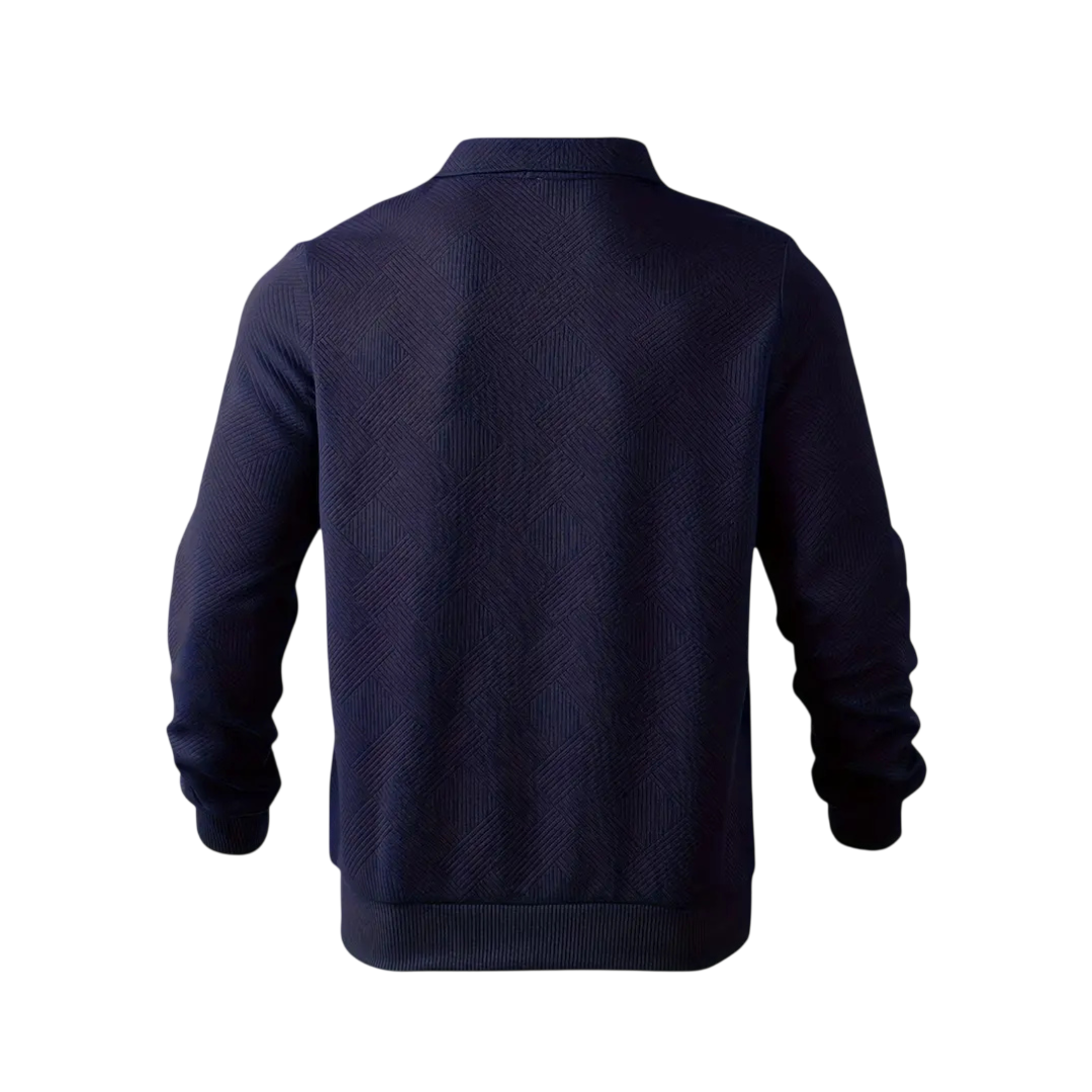 Męski sweter z dzianiny w kolorze granatowym, z kołnierzem i zamkiem 1/4, długi rękaw, elegancki wzór strukturalny