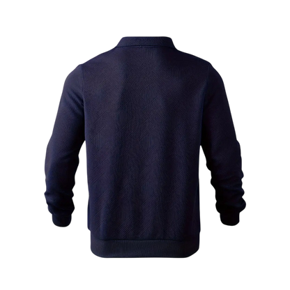 Męski sweter z dzianiny w kolorze granatowym, z kołnierzem i zamkiem 1/4, długi rękaw, elegancki wzór strukturalny