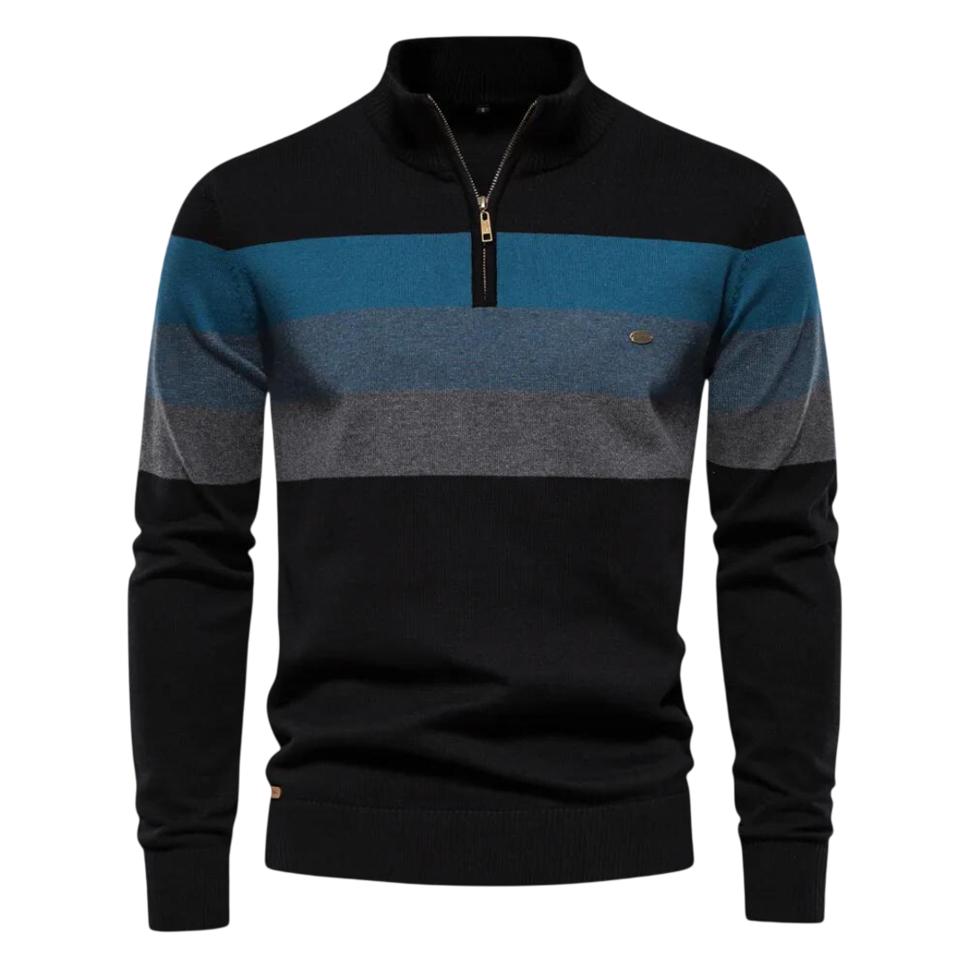Czarny męski sweter dzianinowy z zamkiem 1/4 i stójką, kontrastowe paski w kolorze niebieskim i szarym