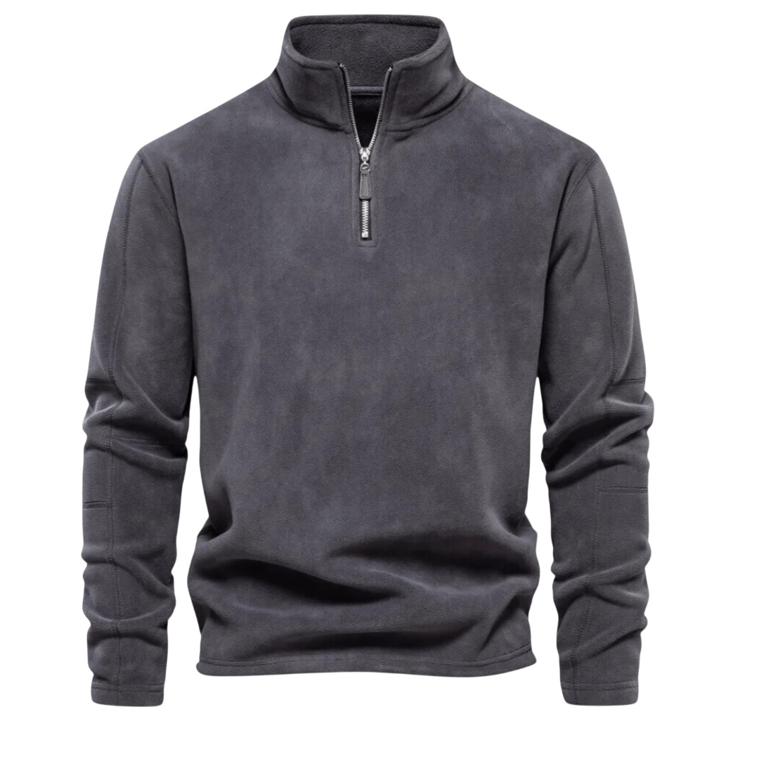 Antracytowy męski sweter polarowy z zamkiem 1/4 i stójką, gładka struktura, długi rękaw, casualowy styl