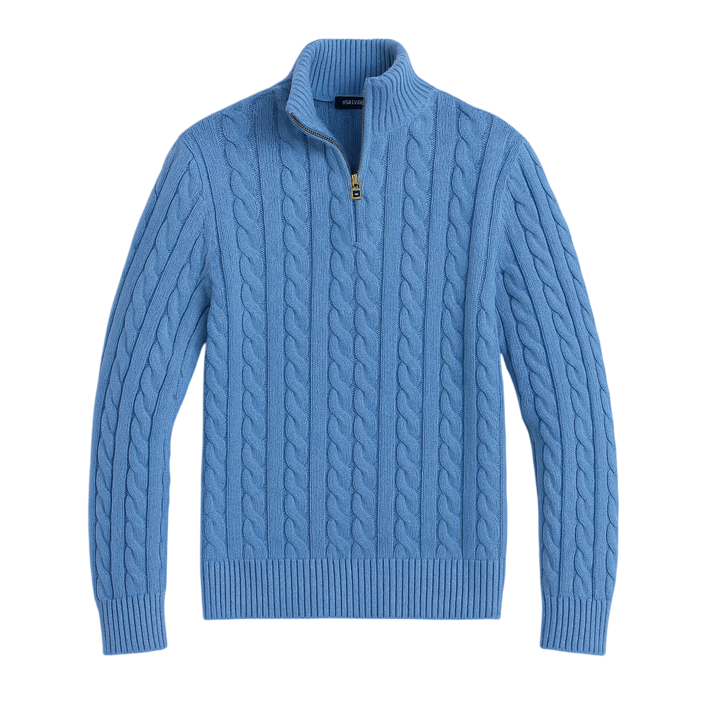 Niebieski męski sweter z miękkiej dzianiny warkoczowej, stójka z zamkiem 1/4, wygodny fason na co dzień