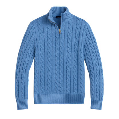 Niebieski męski sweter z miękkiej dzianiny warkoczowej, stójka z zamkiem 1/4, wygodny fason na co dzień