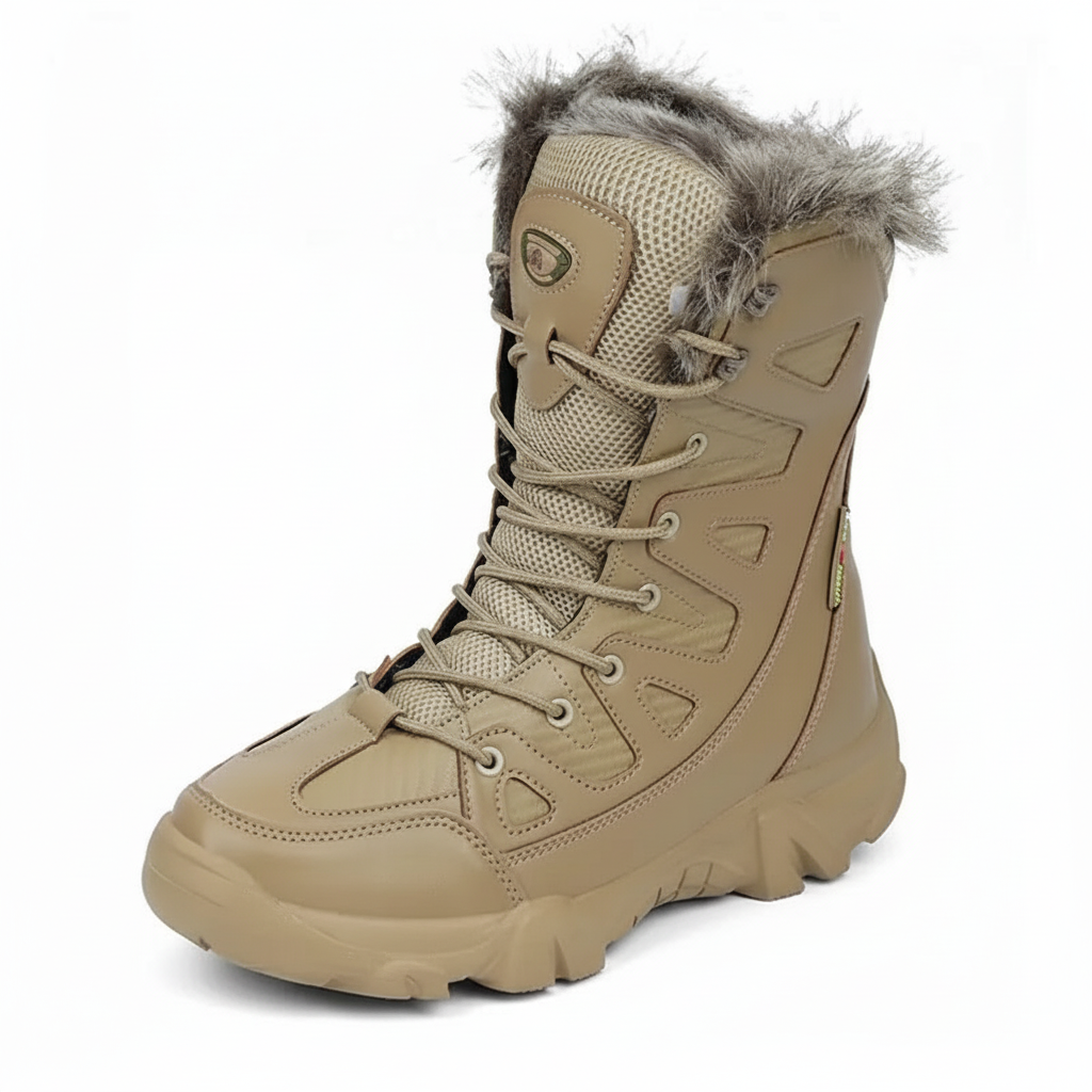 Arkadya Outlet Męskie buty zimowe wodoodporne ocieplane - brązowe buty z wykończeniem ze sztucznego futra, teksturowaną podeszwą, sznurowanym przodem i szczegółowymi przeszyciami - idealne na chłodne dni z doskonałą izolacją termiczną.