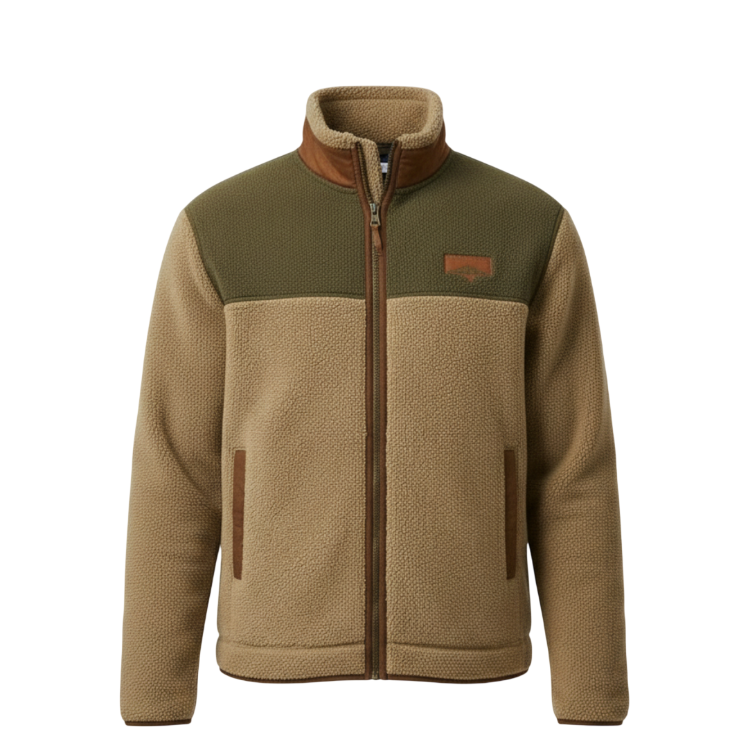 Arkadya Outlet Kurtka Męska Prosty Krój Lekka Odzież Wierzchnia Z Długim Rękawem posiada brązowy polar, oliwkowozielone panele na ramionach, brązowe wykończenia, zamek błyskawiczny z przodu i dwie brązowe kieszenie boczne na jasnoszarym tle.