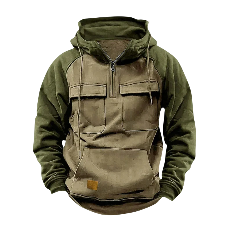 Arkadya Outlet Męska Bluza to bluza z kapturem w kolorze khaki i oliwkowej zieleni, z przednimi kieszeniami na piersi, częściowym zamkiem błyskawicznym i długimi rękawami, przedstawiona na jednolitym szarym tle.