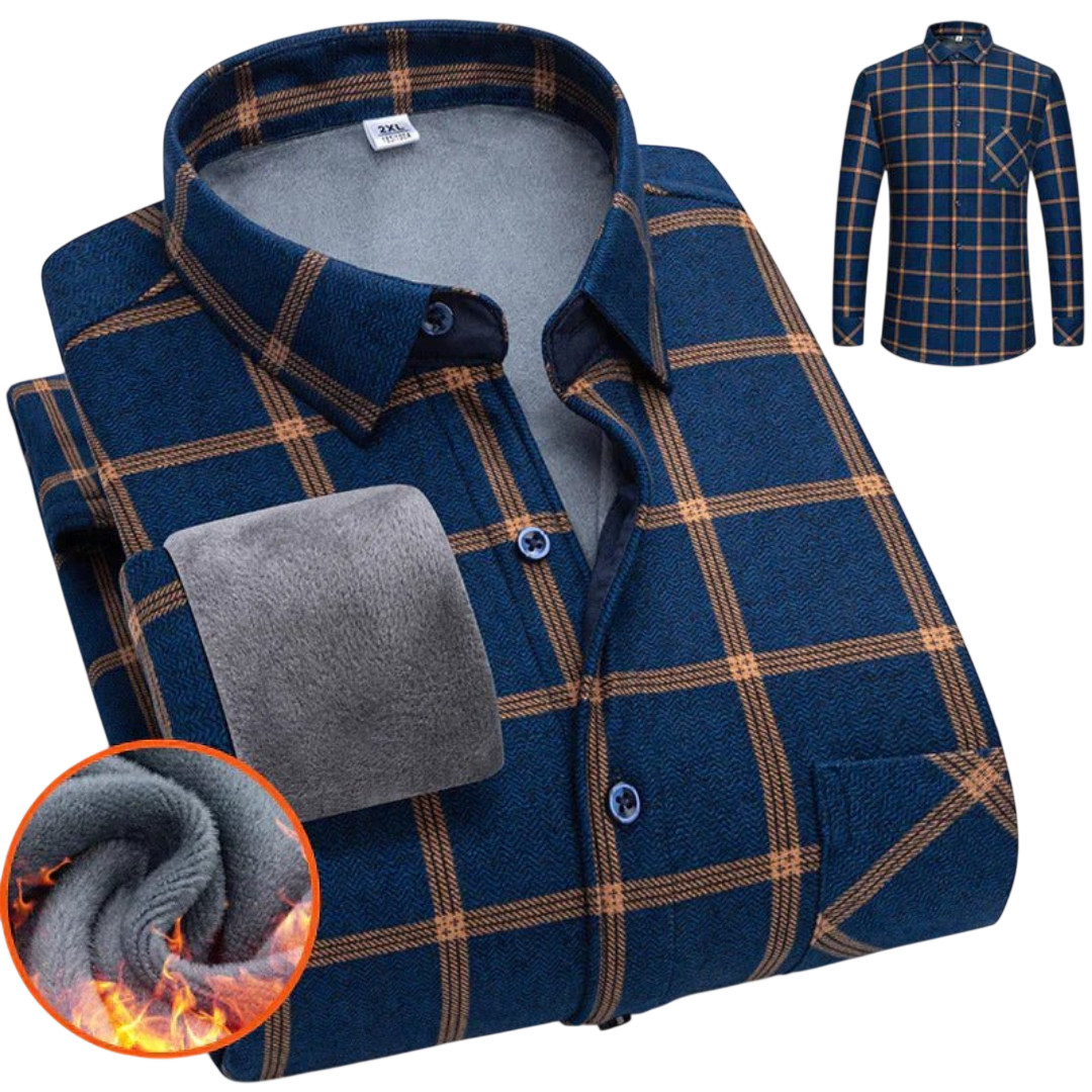 Złożona koszula Arkadya Outlet męska zapinana na guziki długi rękaw krój luźny w niebiesko-pomarańczową kratę z miękką szarą podszewką pokazana z bliska, plus mniejszy obraz w pełni zapiętej koszuli na co dzień.