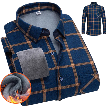 Złożona koszula Arkadya Outlet męska zapinana na guziki długi rękaw krój luźny w niebiesko-pomarańczową kratę z miękką szarą podszewką pokazana z bliska, plus mniejszy obraz w pełni zapiętej koszuli na co dzień.