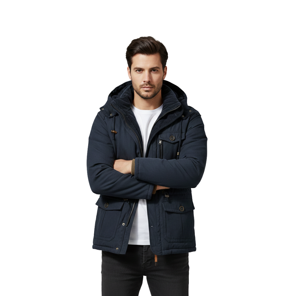 Mężczyzna o ciemnych włosach ma na sobie Arkadya Outlet Kurtka Bomberka Męska Zimowa w kolorze granatowym na białej koszuli, stoi ze skrzyżowanymi rękami i patrzy w kamerę na białym tle.