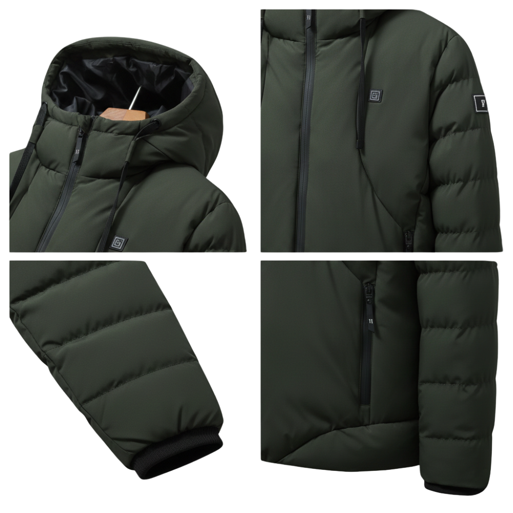 Cztery zbliżenia na kurtkę Arkadya Outlet Męska kurtka grzewcza zimowa odzież wierzchnia z ociepleniem pokazują szczegóły kaptura, logo na piersi, mankiet rękawa i kieszeń zapinaną na zamek. Kurtka ma gładką, pikowaną fakturę i minimalistyczny design.