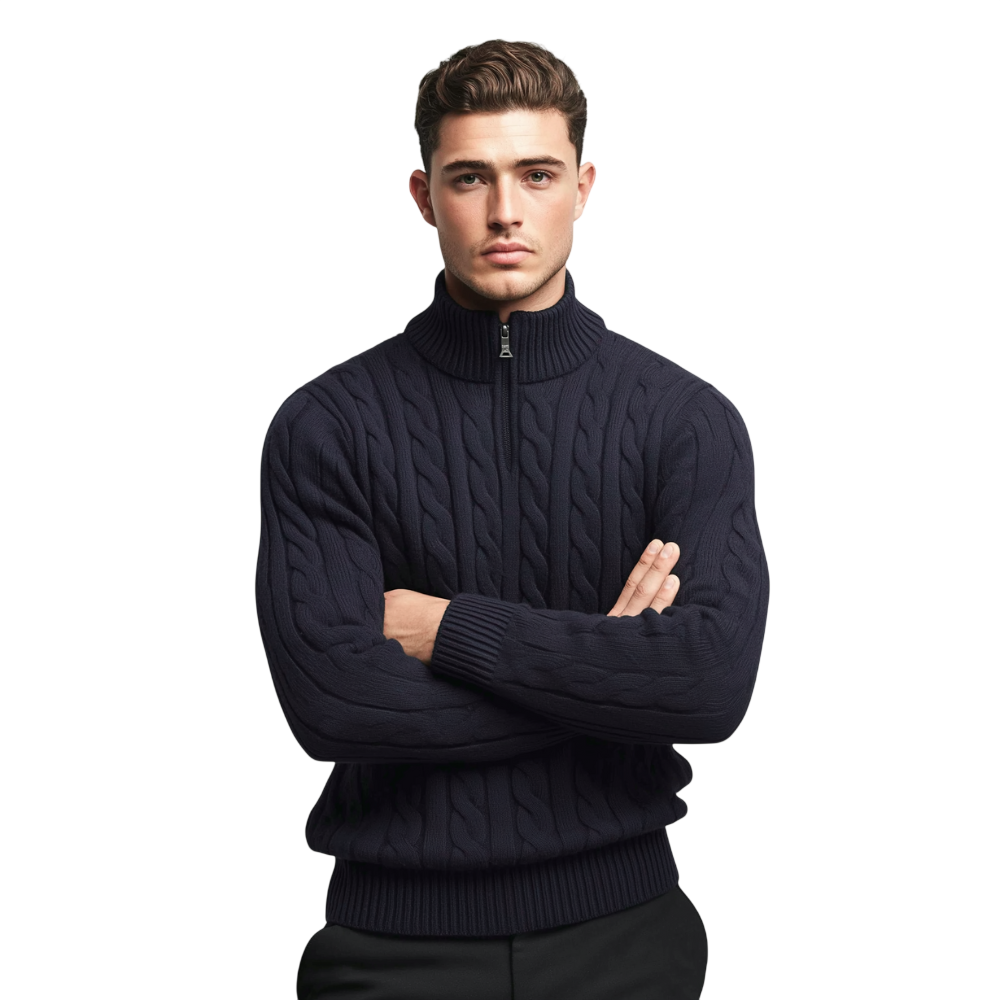 Męski granatowy sweter z dzianiny warkoczowej z kołnierzem i zamkiem 1/4, długi rękaw, klasyczny i elegancki styl