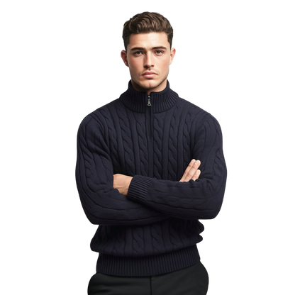 Męski granatowy sweter z dzianiny warkoczowej z kołnierzem i zamkiem 1/4, długi rękaw, klasyczny i elegancki styl